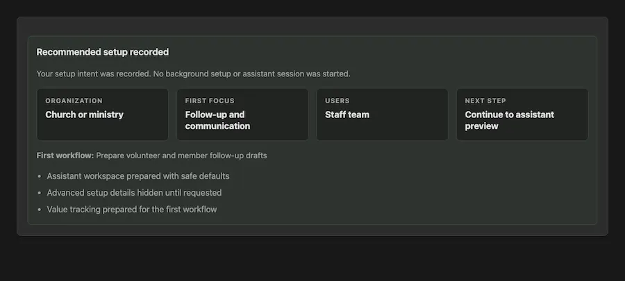 Recommended setup UI preview